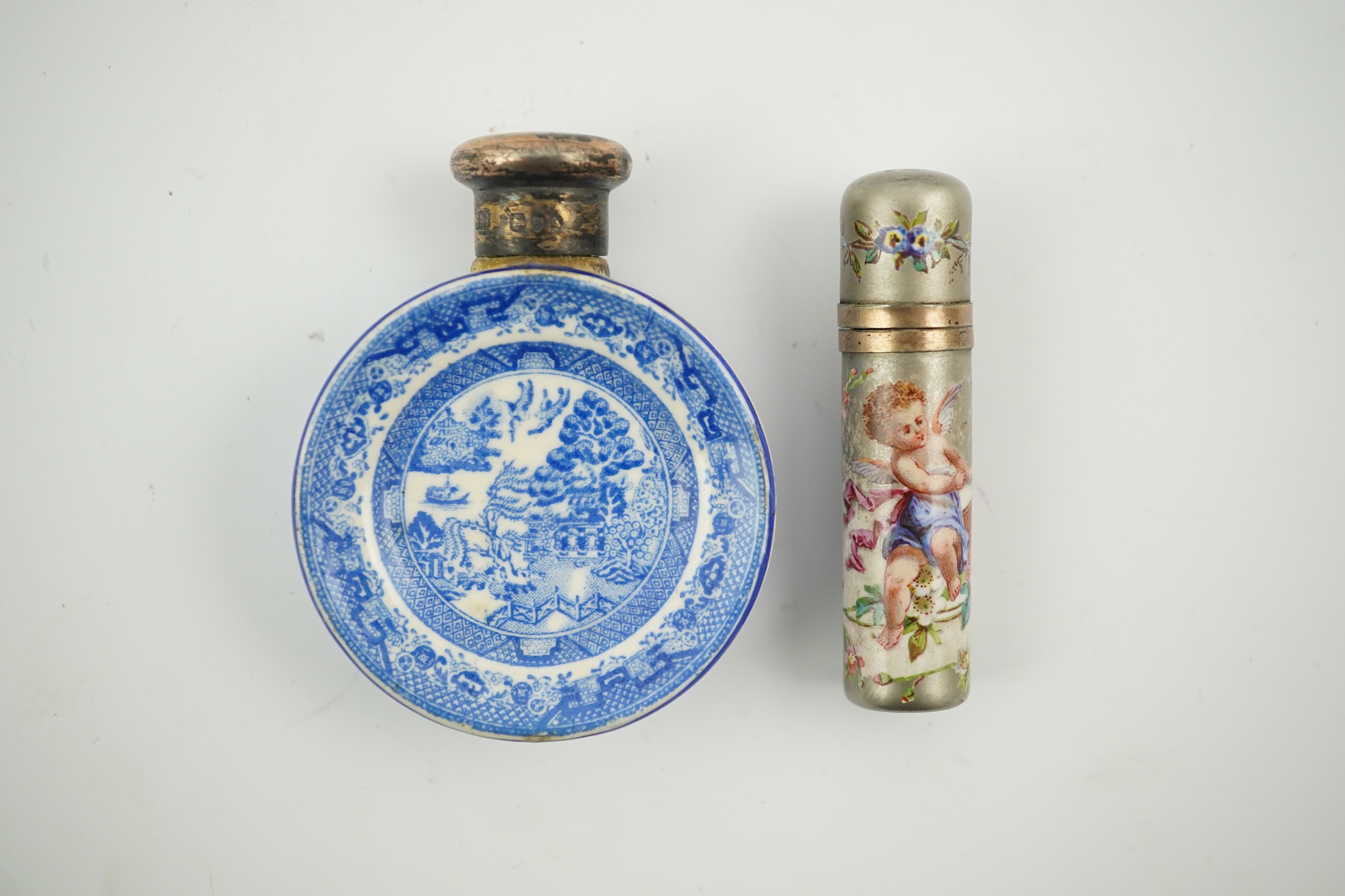 A Victorian white metal and enamel cylindrical scent bottle, 48mm (a.f.) and a late Victorian silver mounted willow pattern scent flask. Condition - poor to fair